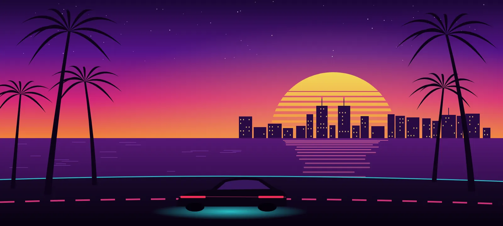 Original neon illustration: sunset over a palm-lined coast road with a city skyline and a sports car